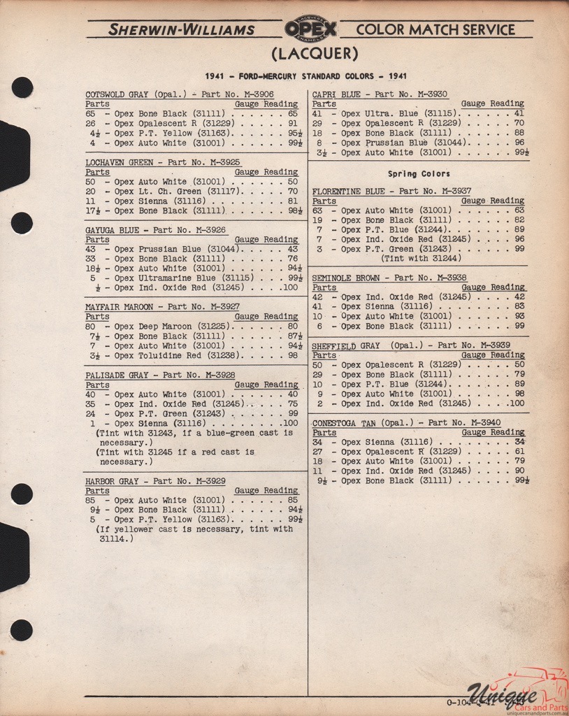 1941 Ford Paint Charts Sherwin-Williams 3